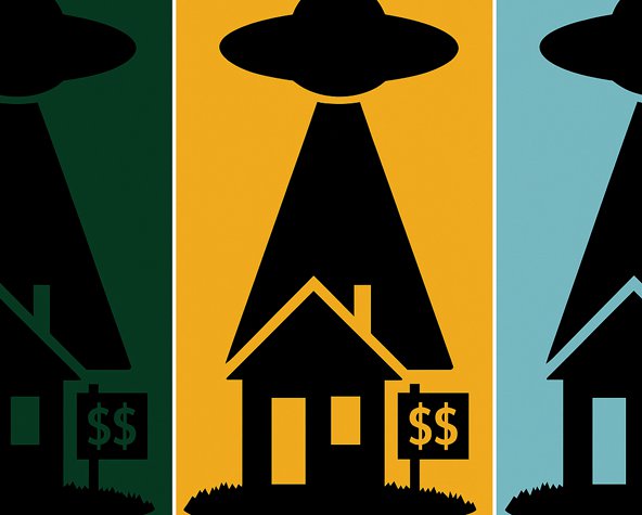 óvnis pairando sobre casa à venda com as cores da bandeira brasileira