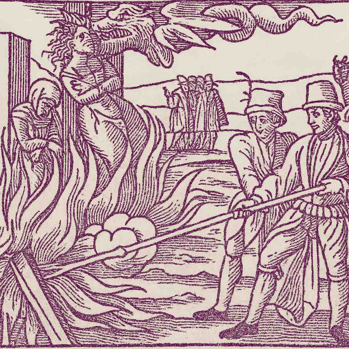 xilogravura de queima de bruxas no século 16