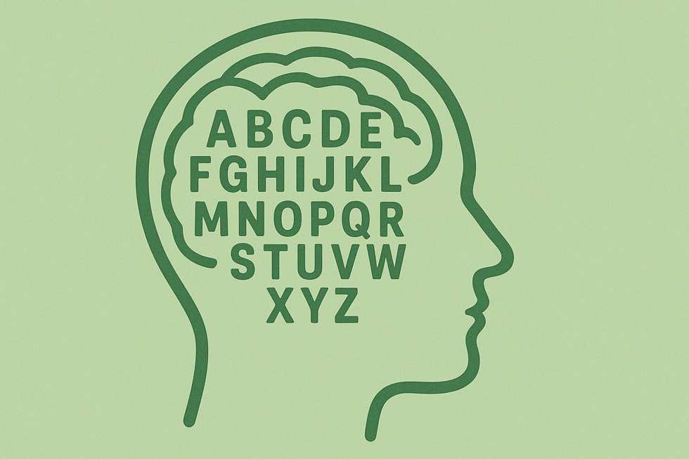 perfil da cabeça humana com letras no cérebro