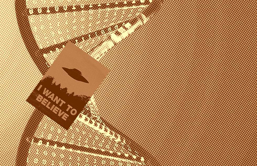 Montagem com cadeia de DNA e cartaz de filme