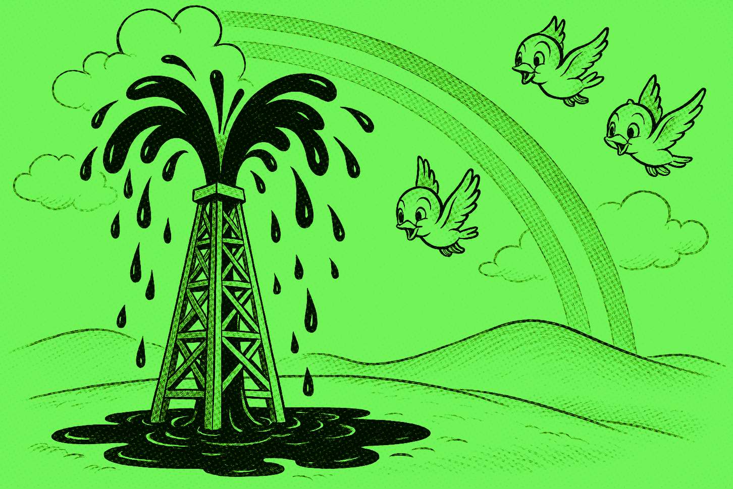 campo  de petróleo com arco-íris e passarinhos felizes