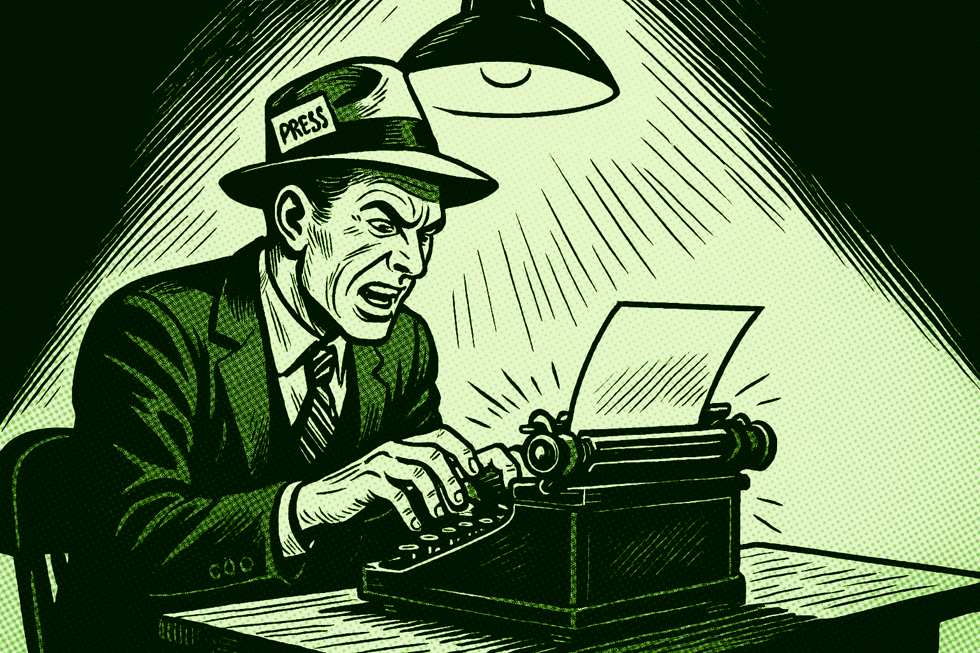 jornalista estereotípico numa máquina de escrever