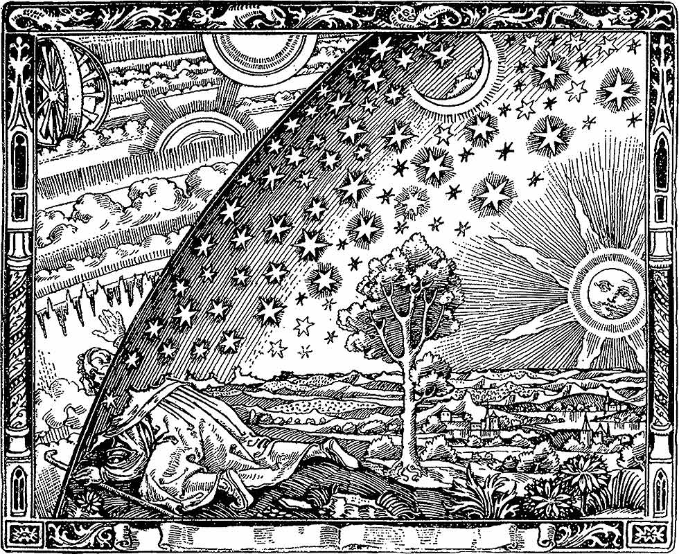 Ilustração de homem olhando para fora da abóbada celeste (século 19)