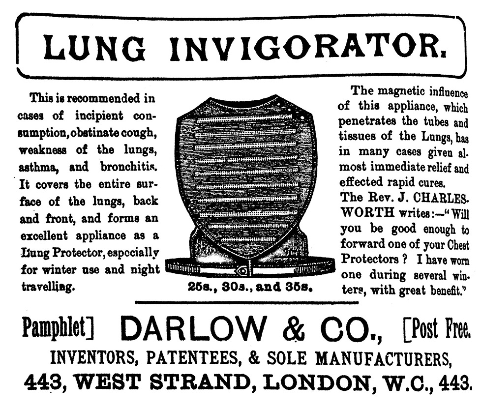Anúncio de colete magnético "para os pulmões", publicado em 1887