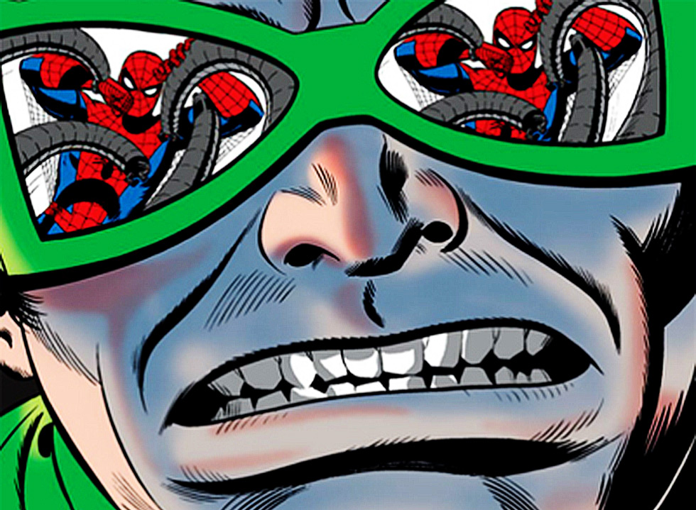 Homem-Aranha refletido nos óculos do Dr Octopus, no traço de John Romita